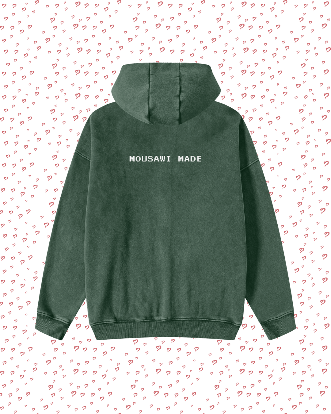 Green hoodie with 'MOUSAWI MADE' text on a white background with red heart patterns