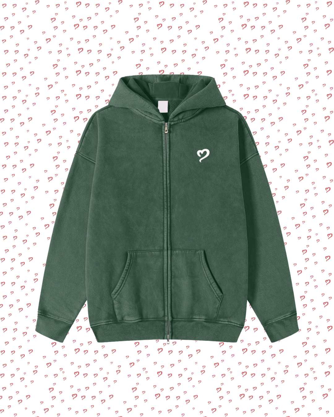 Green hoodie with a heart logo on a white background with red heart patterns