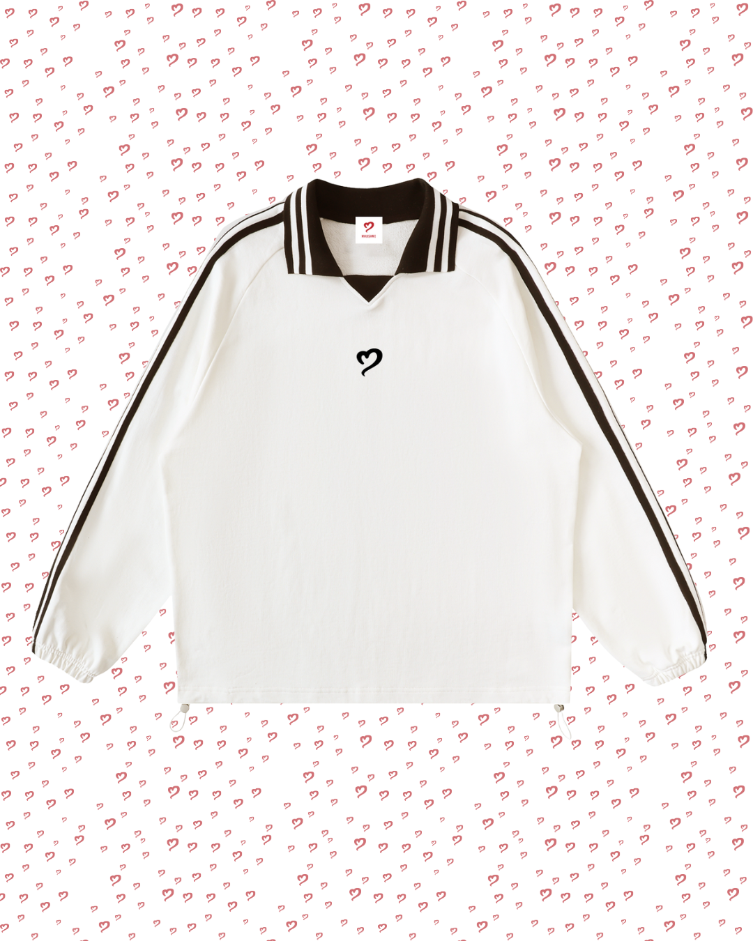 White sports jersey with black accents on a pink heart-patterned background