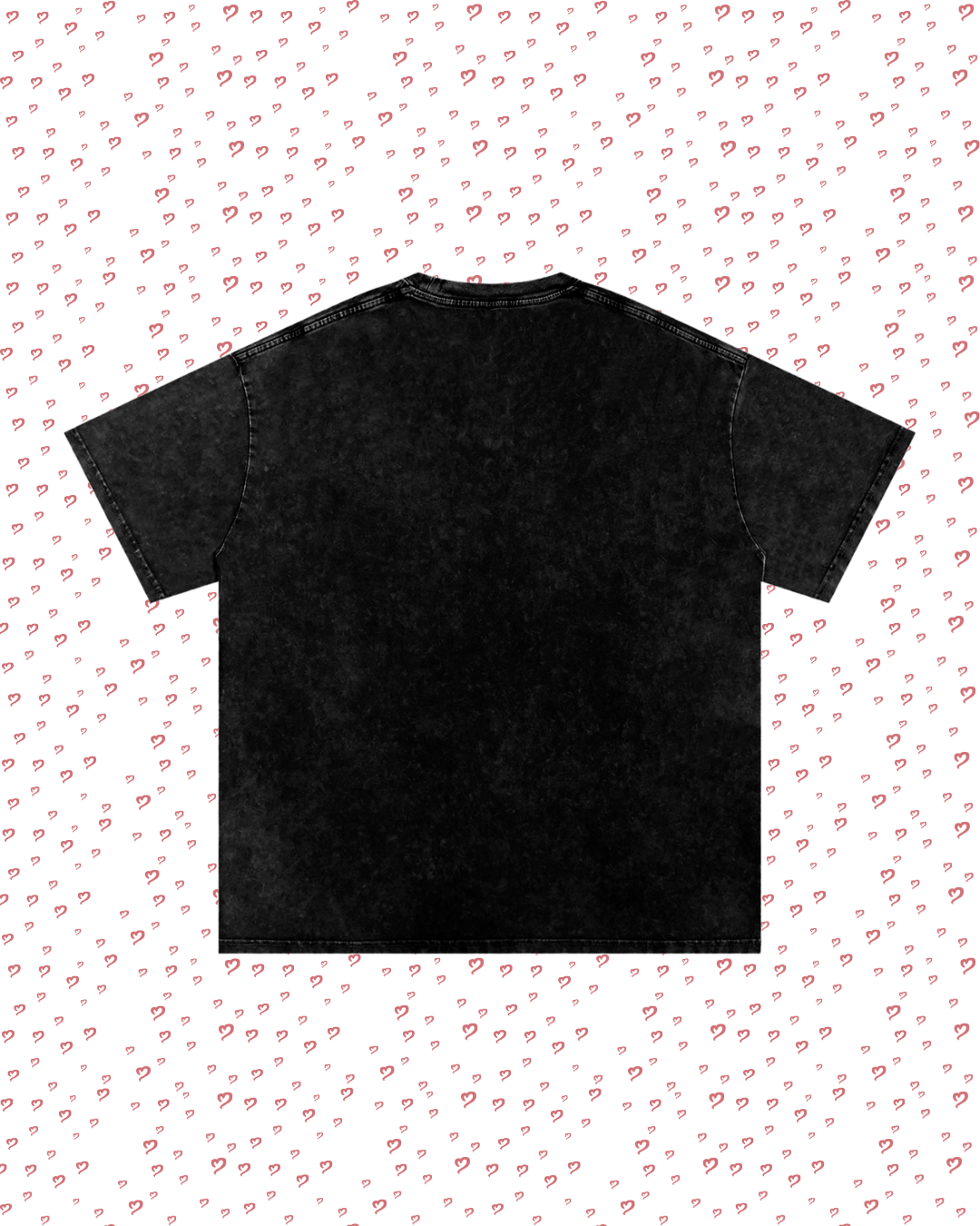 Black t-shirt on a white background with small red heart patterns