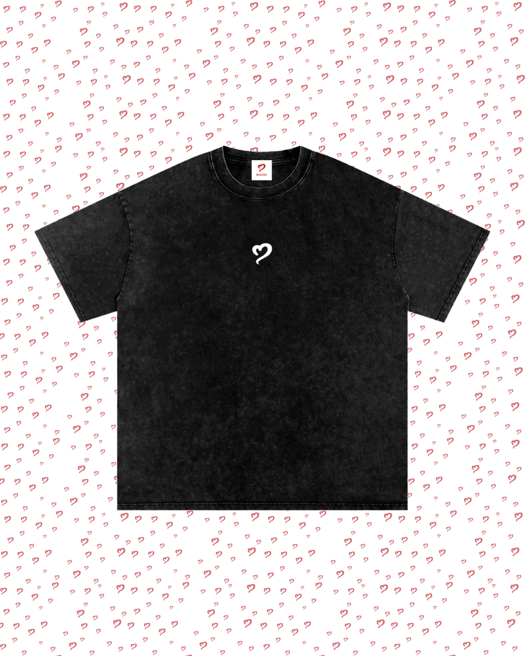 Black t-shirt with a white logo on a light pink background with heart patterns