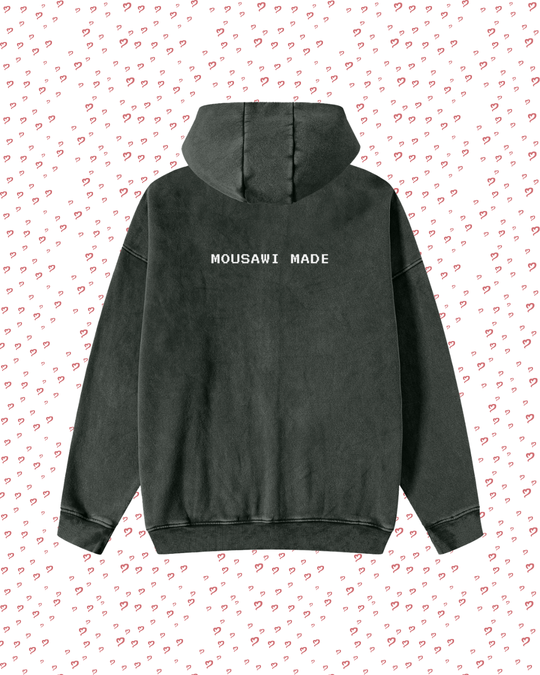 Black hoodie with 'MOUSAWI MADE' text on a white background with red heart patterns