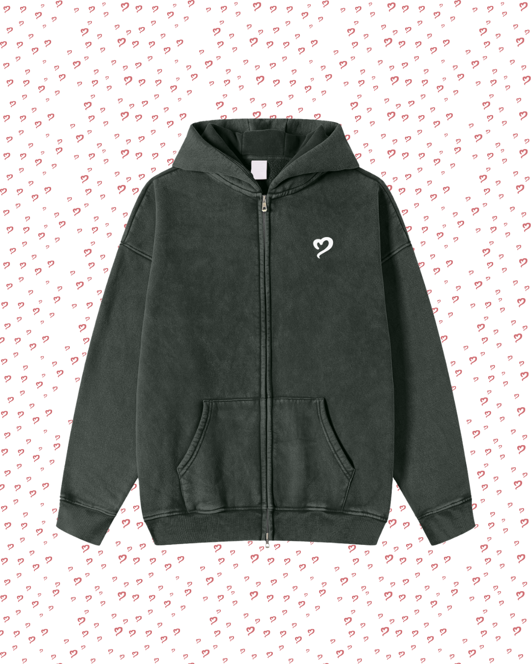 Black hoodie with a heart design on a white background with red heart patterns