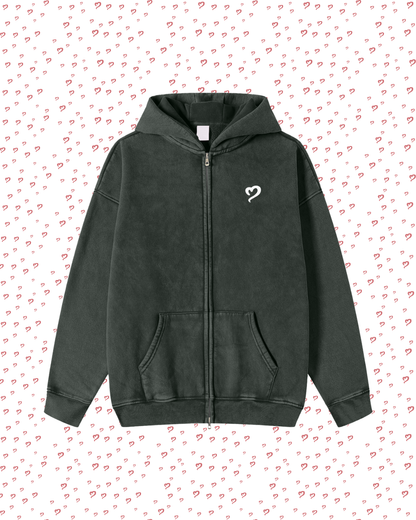 Black hoodie with a heart design on a white background with red heart patterns