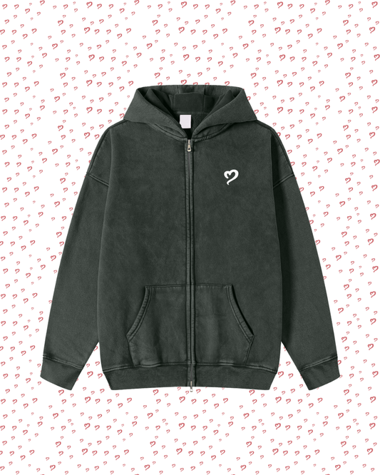 Black hoodie with a heart design on a white background with red heart patterns