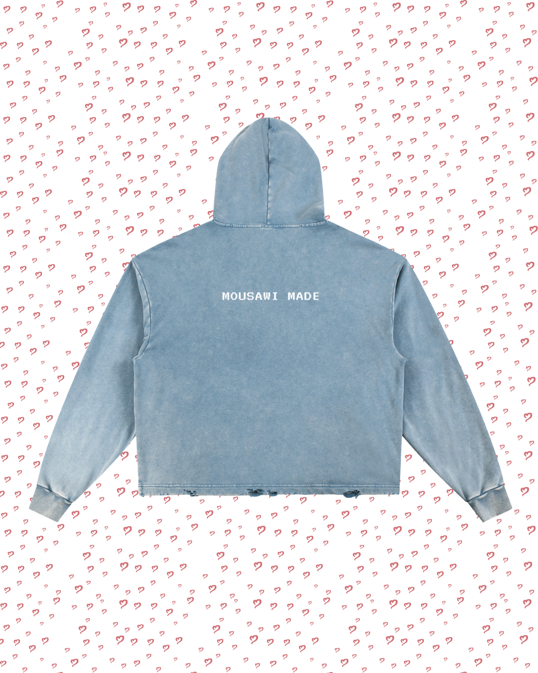 Blue hoodie with 'Mousavi Made' text on a white background with red heart patterns