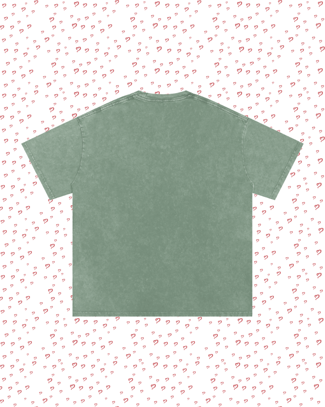Green t-shirt on a white background with small red heart patterns