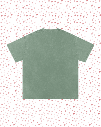 Green t-shirt on a white background with small red heart patterns