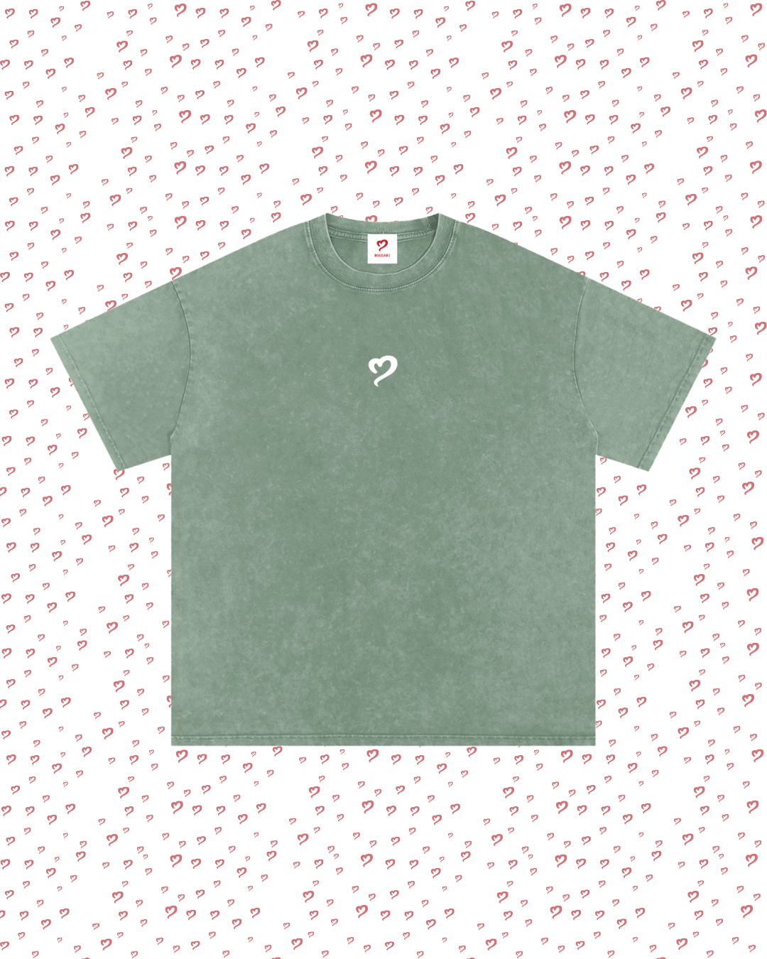 Green t-shirt with a heart design on a white background with red heart patterns