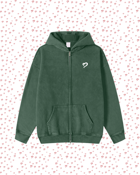 Green hoodie with a heart logo on a white background with red heart patterns